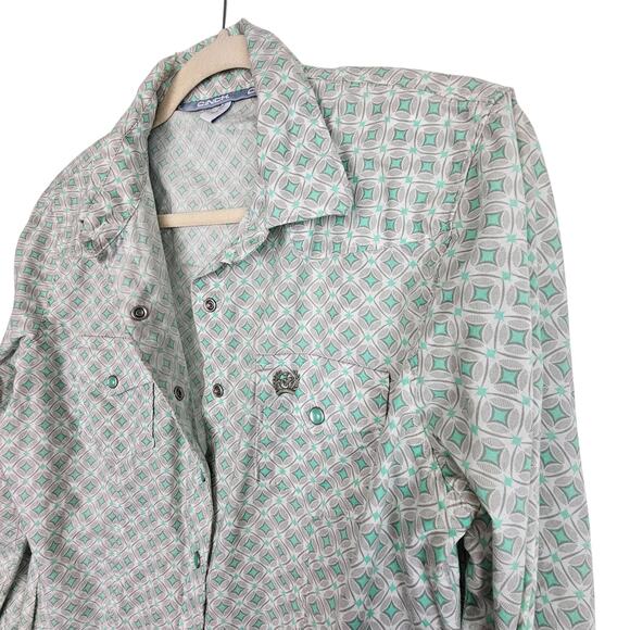 Cinch Shirt Cinch Button Down Shirt Western Shirt Women L Green Pearl Snap Shirt - Picture 5 of 8